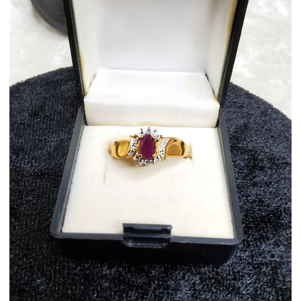 vintage two tone yellow and white gold plated genuine ruby with diamond chips ri - Picture 4 of 15
